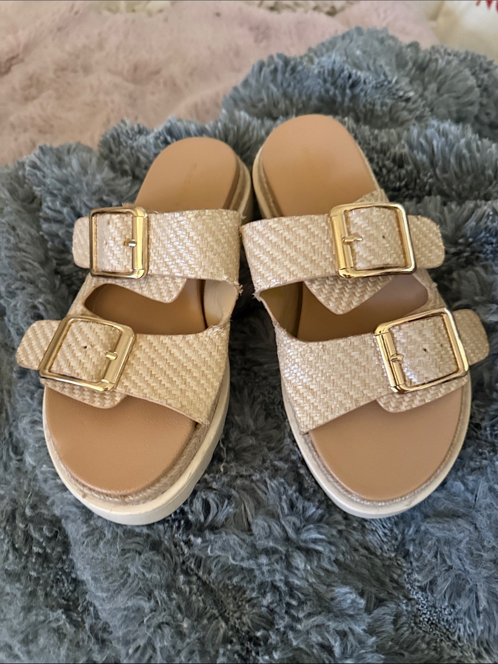 Madden Girl Beige Woven Double-Buckle Slide Sandals